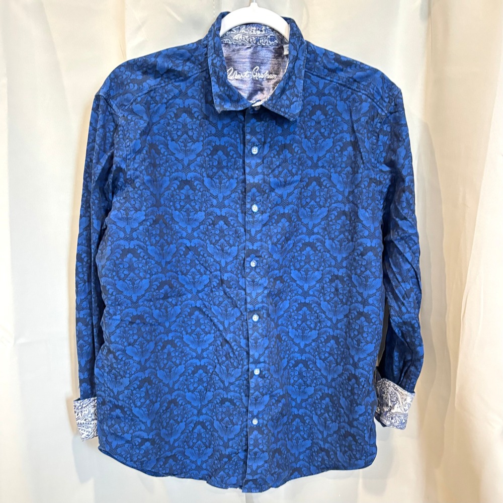 Robert Graham Mens Blue Floral Print Preppy Long Sleeve Button Up Shirt XL 19358